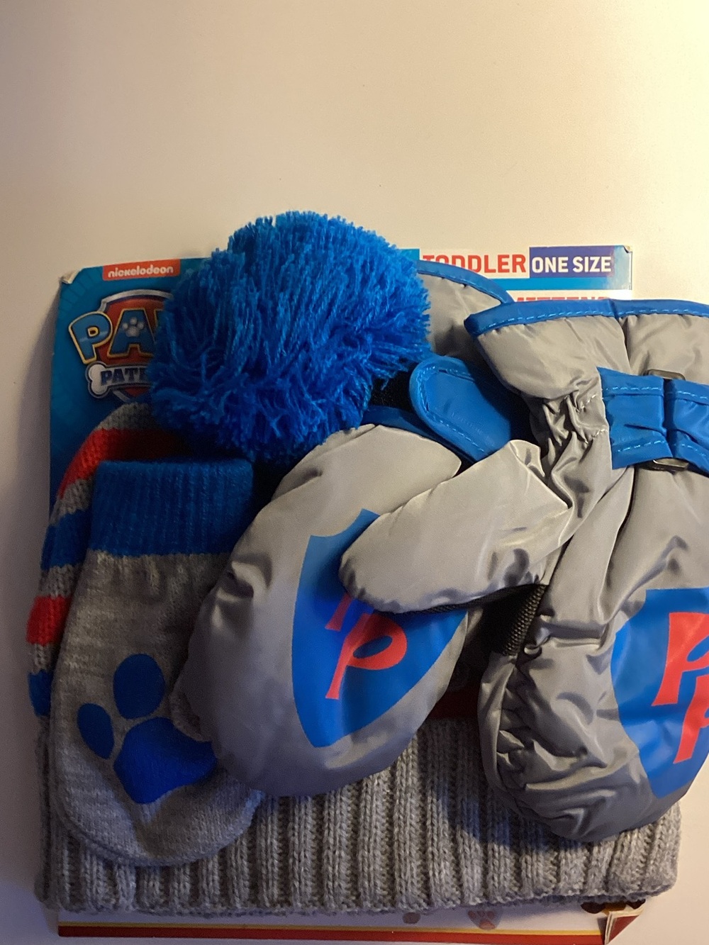 Paw Patrol Gray and Blue Kids Mittens with Blue Pom-Pom Accent